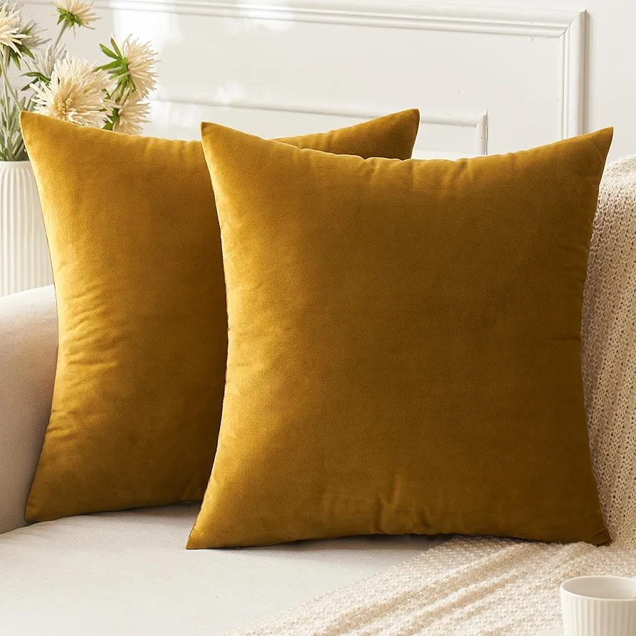 Pack of 2 Velvet Fall Pillow Covers Mustard Yellow Throw Pillow Covers 18x18 Inch Decorative Pillows Euro Cushion Case Soft Solid square Cozy Modern Home Decor Pillowcase for Sofa Couch Bed