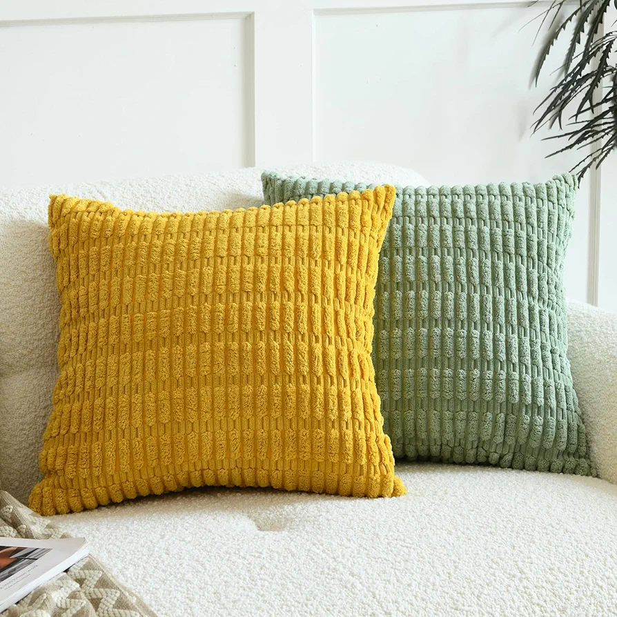 Pack of 2 Decorative Throw Pillow Covers, Corduroy Boho Striped Pillow Cases, Simple Modern Home Decor for Sofa Living Room Couch Bed, 18x18 Inch, Sage Green & Yellow