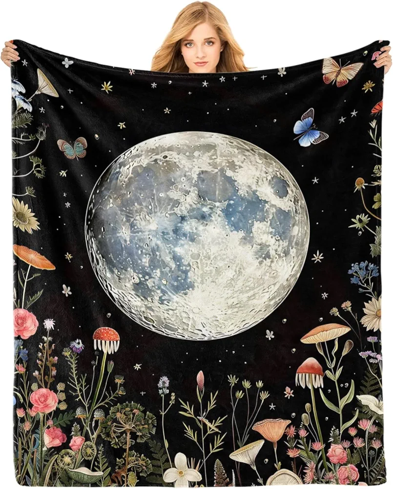 Moon Flannel Throw Blanket, 50×60in - 340GSM Cozy Lightweight Thick Boho Forest Blanket - Birthday for Women, Men and Kids Bedroom Living Room Couch Sofa Decor