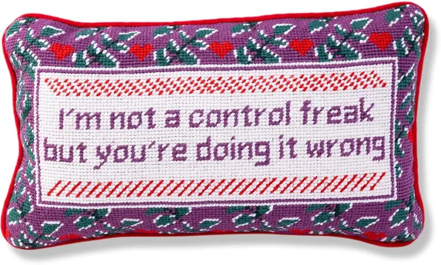 FURBISH Handmade Needlepoint Decorative Throw Pillow - Control Freak - 9" x 15" - Small Embroidered Accent Pillow for Bed, Chair, Couch, Sofa - Aesthetic Room Decor