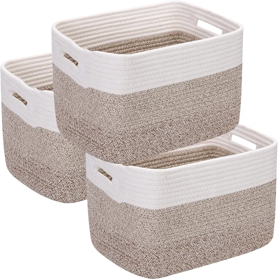 3 Pack Storage Basket for Organizing, Woven Baskets for Storage, Cotton Rope Basket for Towel, Large Blanket Basket for Living Room, Nursery, Baby Room, 15''×10''×9'' ( Brown & White)