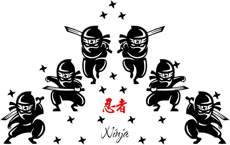 Ninja and Samurai Wall Decals - Assorted Silhouettes of Japanese Warriors with Swords - PVC Removable Stickers for Kids Room - Effect 30"x46" Size (black-JWH279-Ninja)