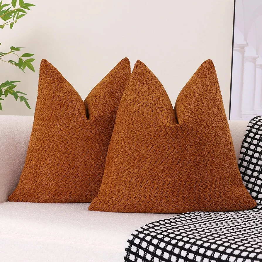 VOILYBIRD Pack of 2 Heavy Boucle Throw Pillow Covers 18x18 Inches, Decorative Pillow Covers for Sofa Couch, Modern Cushion Covers for Living Room, Burnt Orange