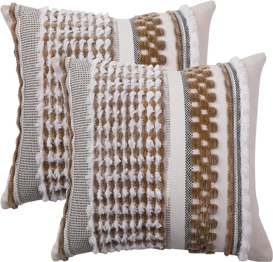 Boho Throw Pillow Covers 18x18 Inch Set of 2 Brown Striped Chenille Pillowcases with Soft Plush Square Decorative Cushion Covers for Sofa Couch Bed Living Room Farmhouse Decor