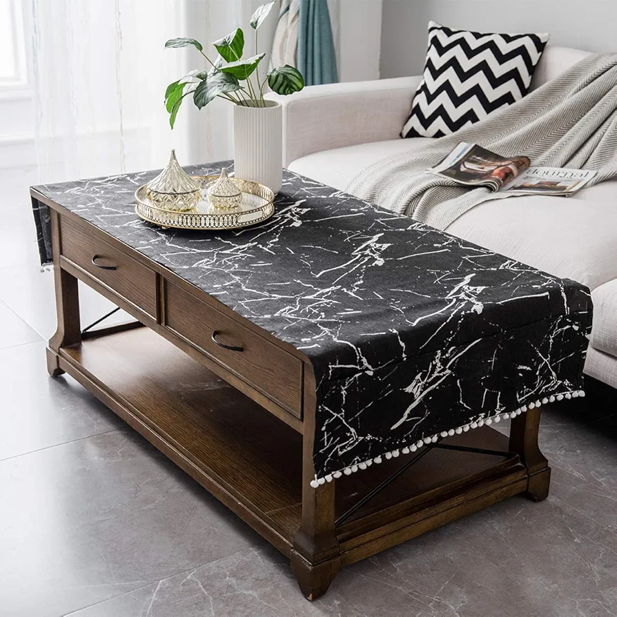 Coffee Table Cover with Pockets and Pompom Tassel Cotton Linen Coffee Table Cloth for Living Room Anti-Wrinkle Washer Dryer Fridge Top Dust Cover (Black Marble, 28" x 67")