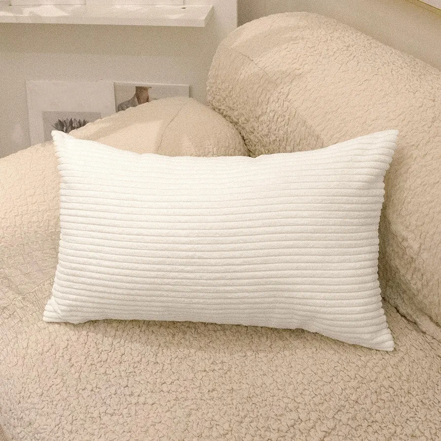 Corduroy Decor Lumbar Pillow Cover 12x24 inch, Soft Cream White Striped Boho Pillow Covers Modern Farmhouse Cushion Case Home Decor for Sofa Living Room Couch Bed, Pack of 1 (Cover ONLY)