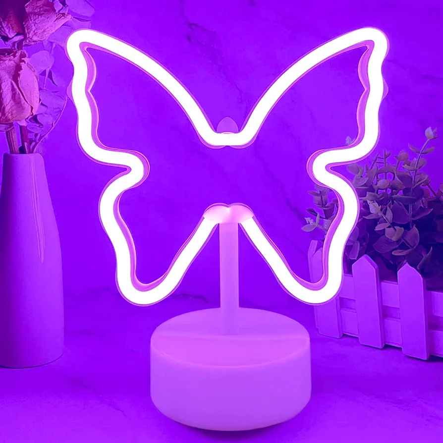 Neon Butterfly Sign Purple Neon Light, USB/Battery Operated Butterfly LED Signs Night Lights Room Decor for Girls Bedroom, Cute Lamp Aesthetic Gifts for Birthday Christmas Dorm Desk Tabletop