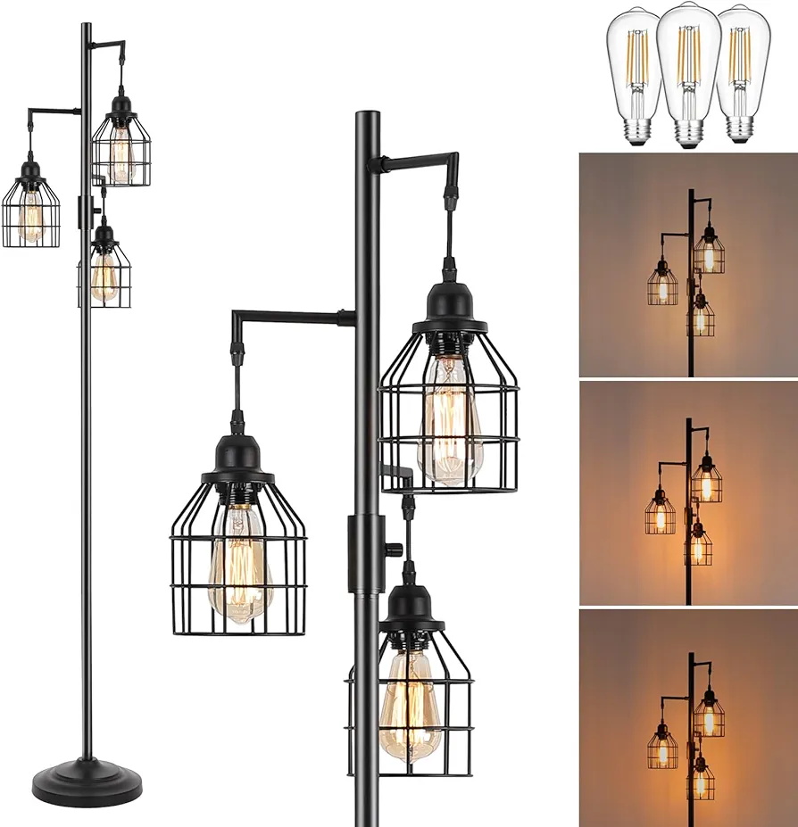 9MMML Floor Lamp for Living Room, Farmhouse Industrial Dimmable Floor lamp,3 Lights Metal Cage Tree Standing Lamp,68", 3Pcs Led Bulbs Included