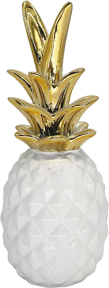 First of a Kind White & Gold Ceramic Pineapple Decorative Centerpiece Display Decor for Living Room, Bedroom, Office, Kitchen. Pineapple Stoneware Bookshelf Decorative Object.