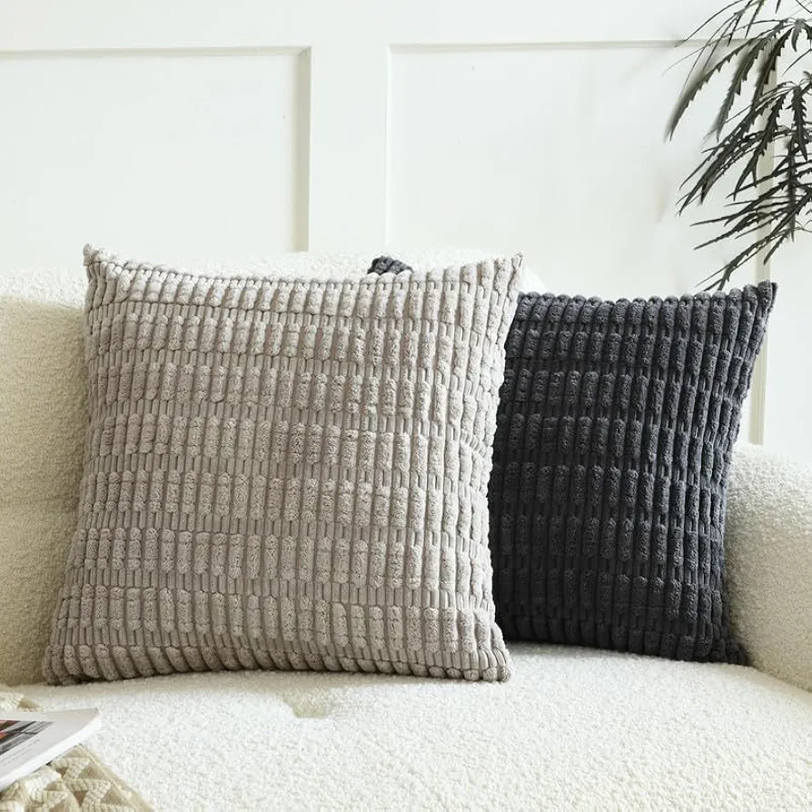 Pack of 2 Decorative Throw Pillow Covers, Corduroy Pillow Cases, Simple Modern Home Decor for Sofa Living Room Couch Bed, 18x18 Inch, Light Grey & Dark Grey