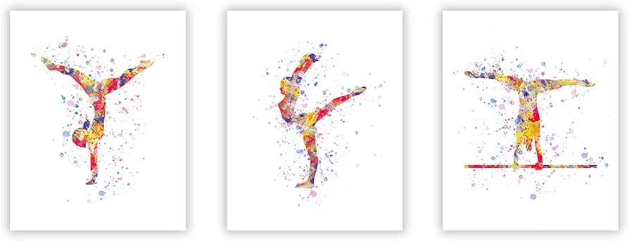 Unframed Abstract Girls Art Print Gymnastics Wall Art Print,Sporting Silhouette Poster,Set of 3（8" x10" ）Canvas Splash Ink Style Exercise Gyming Beam Posters For Girls Gymnasts Bedroom Nursery Decor