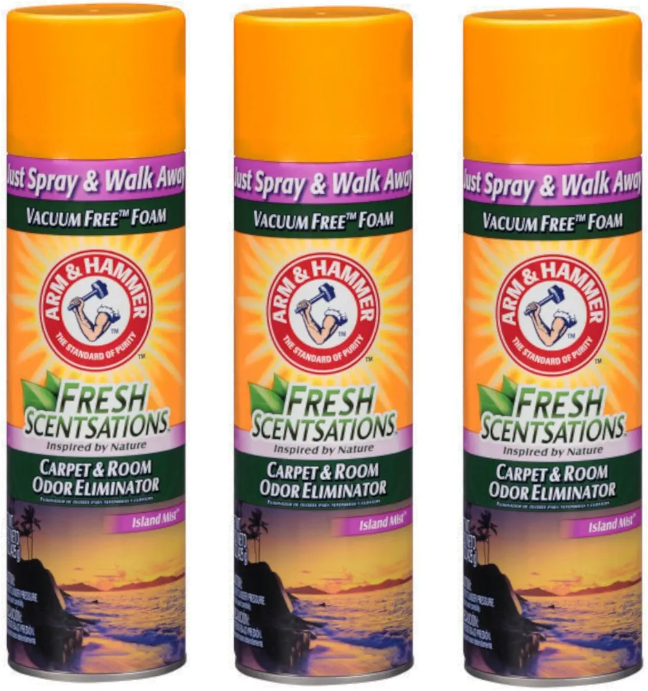 Arm & Hammer Fresh Scentsations Carpet & Room Odor Eliminator Spray, Island Mist, Vacuum-Free Foam, Just Spray and Walk Away, 15 oz (Pack of 3)