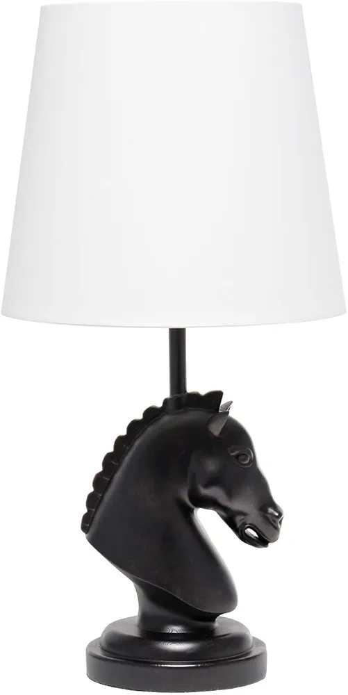 Simple Designs LT1089-BLK 17.25" Tall Polyresin Decorative Chess Horse Bedside Table Desk Lamp w White Tapered Fabric Shade for Décor, Accent Lighting, Gameroom, Kids', Living Room, Bedroom, Black