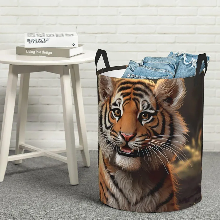 Laundry Basket Waterproof Laundry Hamper With Handles Dirty Clothes Organizer Cute Tiger Print Protable Foldable Storage Bin Bag For Living Room Bedroom Playroom, Medium, Black