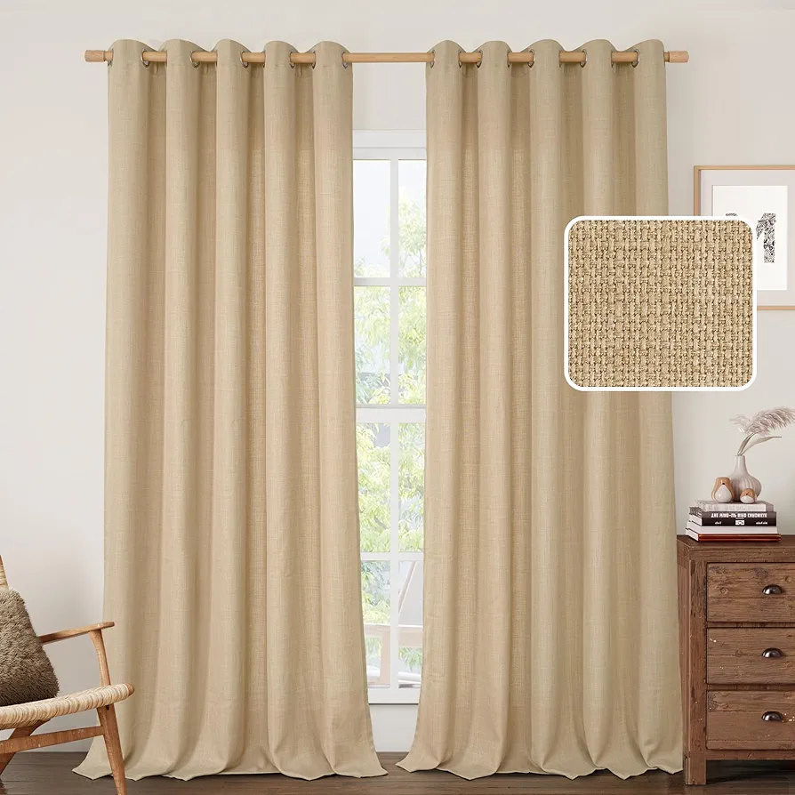 LAMIT 60 Inch Wide Linen Curtains for Bedroom, 84 Inch Faux Linen Textured Light Filtering Privacy Natural Burlap Drapes Grommet Sheer Panels for Living Room, 2 Panels, 60 x 84 Inch