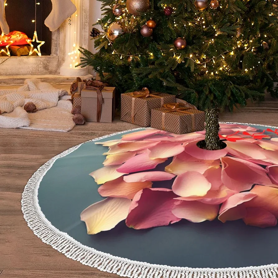 30" Christmas Tree Skirt with Tassel Heart Shaped Floral Petals Xmas Tree Skirts Tassel Tree Mat Ornament for Home Indoor Outdoor Room Holiday Decoration