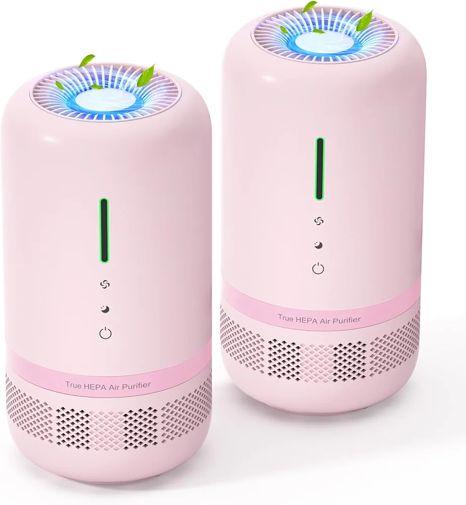 Air Purifiers for Home, 2 Pack H13 HEPA Air Purifier for Room up to 960ft², 360° Outlet, 99.97% Particle Capture for Dust, Smoker, Type-C Charging, Included Adapter, VF04, Pink