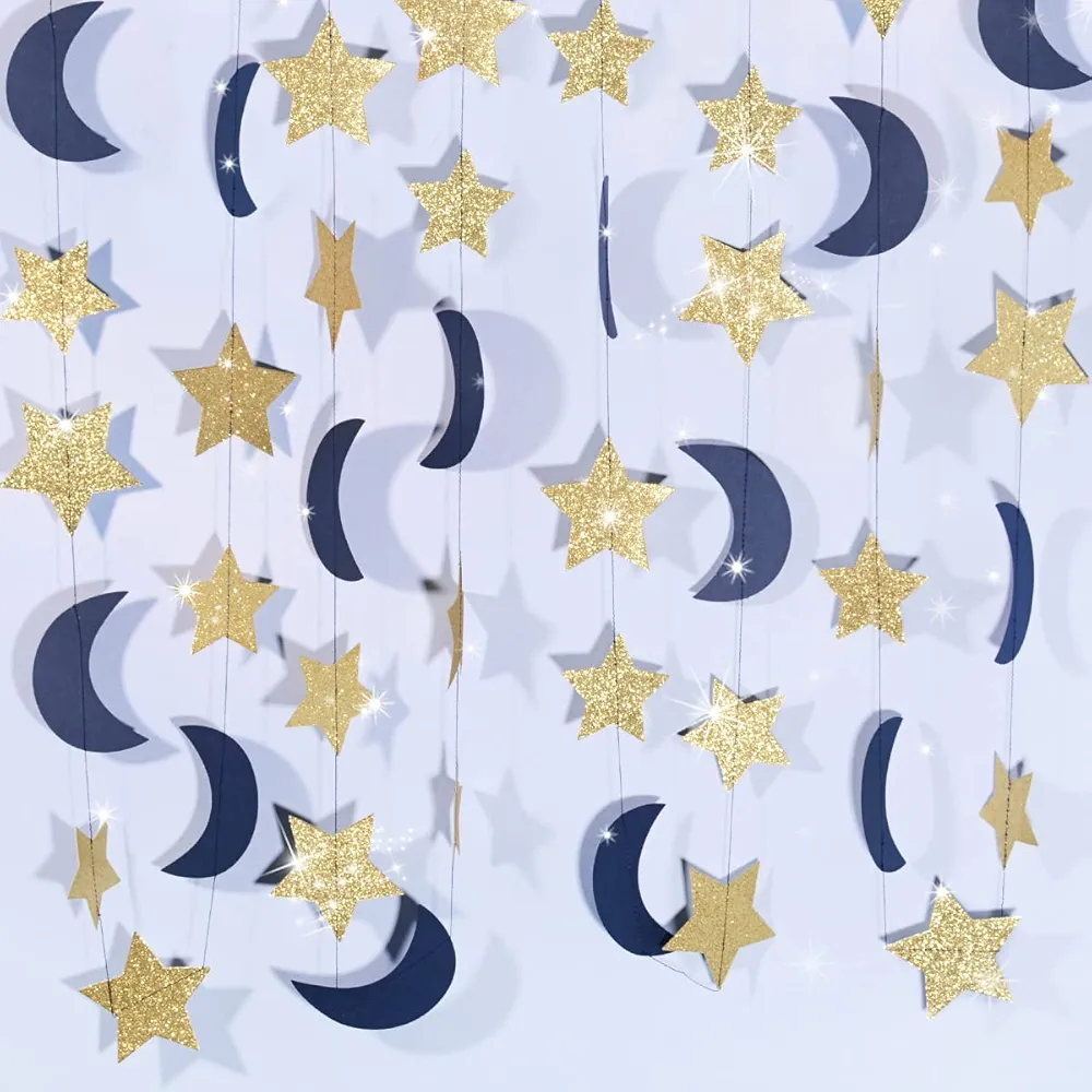 Moon and Stars Garland 2PCS Glitter Gold Twinkle Stars Navy Crescent Paper Garlands Hanging Decorations Boy Birthday Party Decorations Boy Baby Shower Decorations Navy Gold Nursery Room Decorations