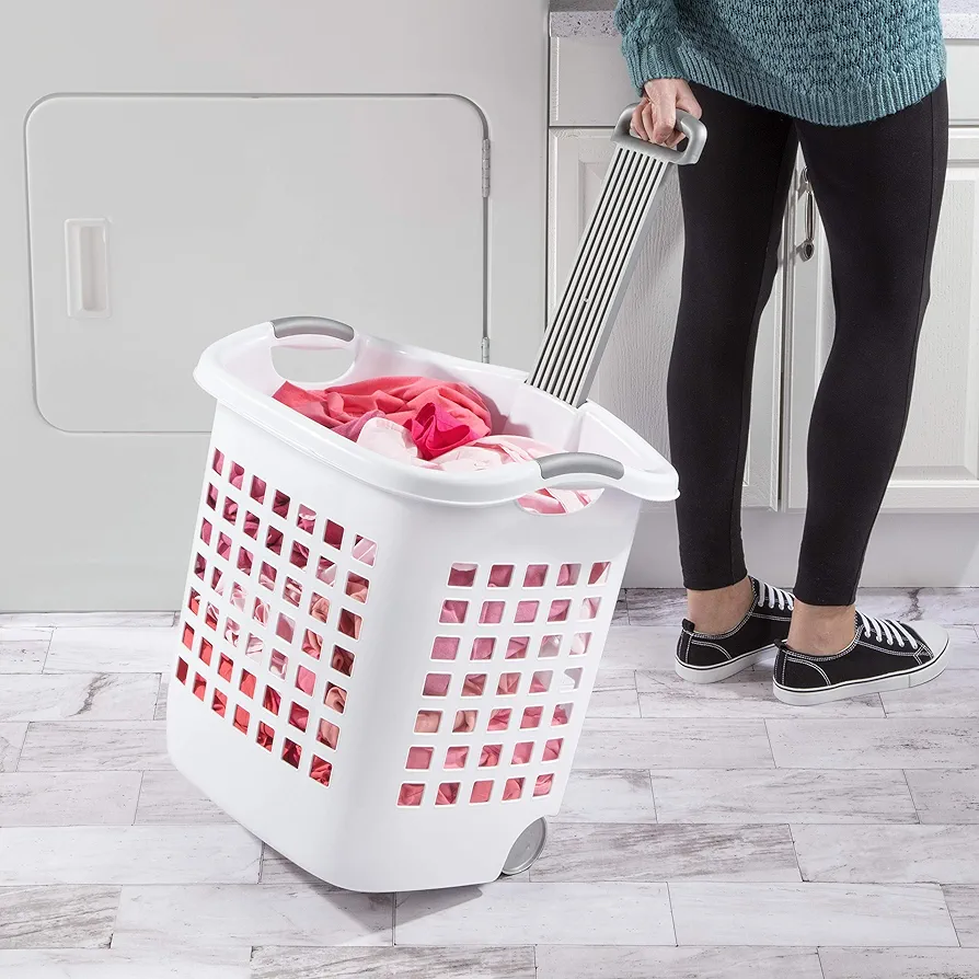 Sterilite 1.75 Bushel Ultra Wheeled Laundry Basket, Handle and Wheels for Easy Rolling of Clothes to and from the Laundry Room, Plastic, White, 4-Pack