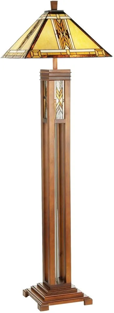 Robert Louis Tiffany Mission Rustic Tiffany Style Floor Lamp with Night Light 62.5" Tall Walnut Wood Column Square Geometric Stained Glass Shade Decor for Living Room Reading House Bedroom