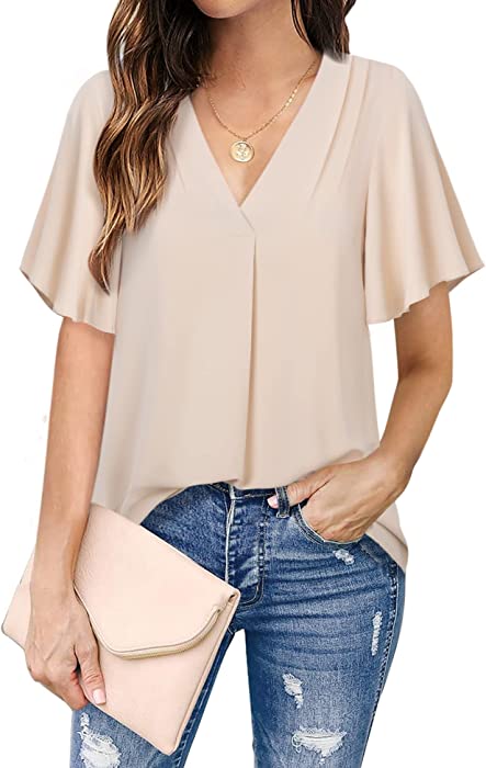 Timeson Women's V Neck Chiffon Blouse Ruffle Sleeve Ladies Work Shirts