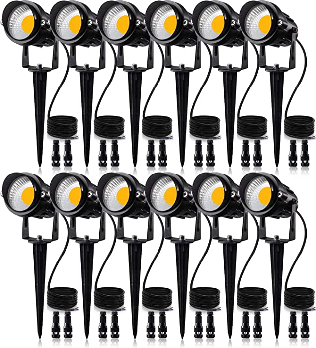 SUNVIE 12W Low Voltage LED Landscape Lights with Connectors, Outdoor 12V Super Warm White (900LM) Waterproof Garden Pathway Lights Wall Tree Flag Spotlights with Spike Stand (12 Pack with Connector)