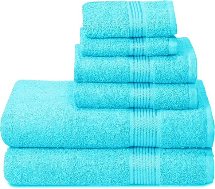 Elvana Home Ultra Soft 6 Pack Cotton Towel Set, Contains 2 Bath Towels 28x55 inch, 2 Hand Towels 16x24 inch & 2 Wash Coths 12x12 inch, Ideal for Everyday use, Compact & Lightweight - Turquoise Blue