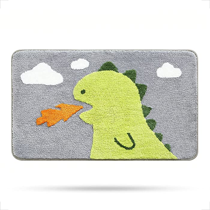 Bathroom Rug 19.6" x 31.4" Non Slip Bath Mat Soft Shower Rug Plush Microfiber Water Absorbent Thick Shaggy Floor Mats, Machine Washable, Dinosaur