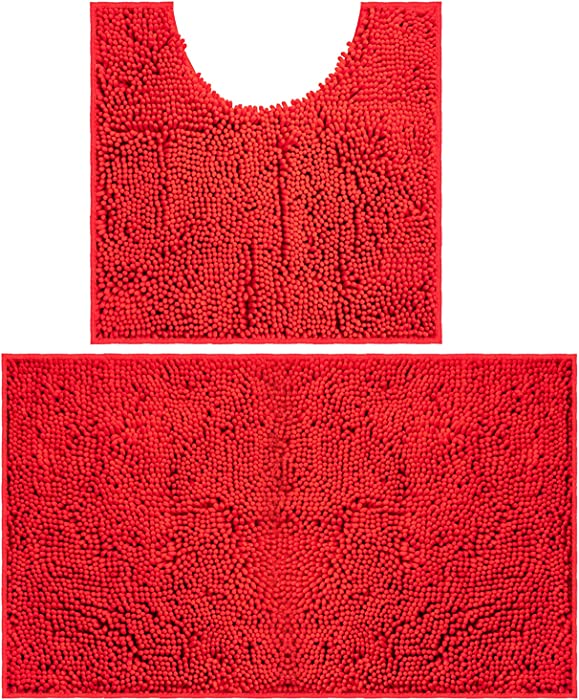 Bathroom Rugs Chenille Bath Mat Set, Soft Plush Non-Skid Shower Rug +Toilet Mat. (Red )