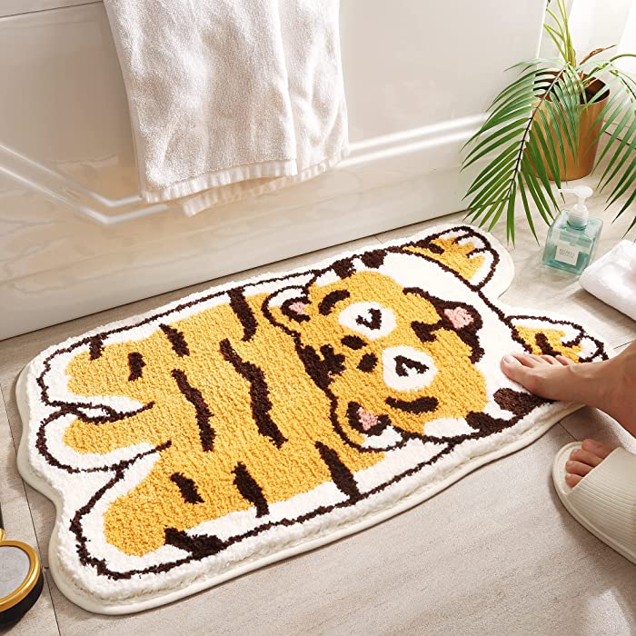 Tiger Area Rug Cute Bath Mat Non-Slip for Kid's Room Mat Soft Bathroom Bedroom Rug Microfiber Water Absorbent Thick Shaggy Floor Mats Room Nursery Decor 18.5x29.5in