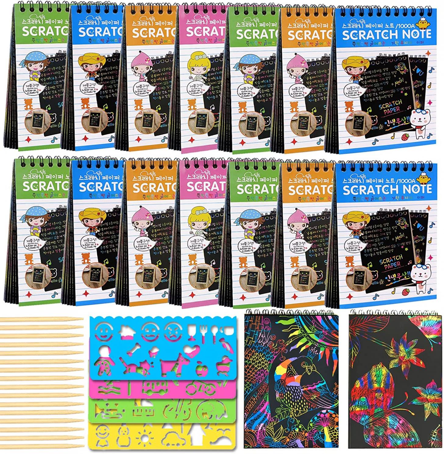 POKONBOY 16 Pack Scratch Arts and Crafts Notebooks, Scratch Note Pads for Kids Rainbow Party Favors Coloring Books for Kids Art Party Supplies Stocking Stuffers（16 Wooden Stylus & 4 Drawing Stencils）