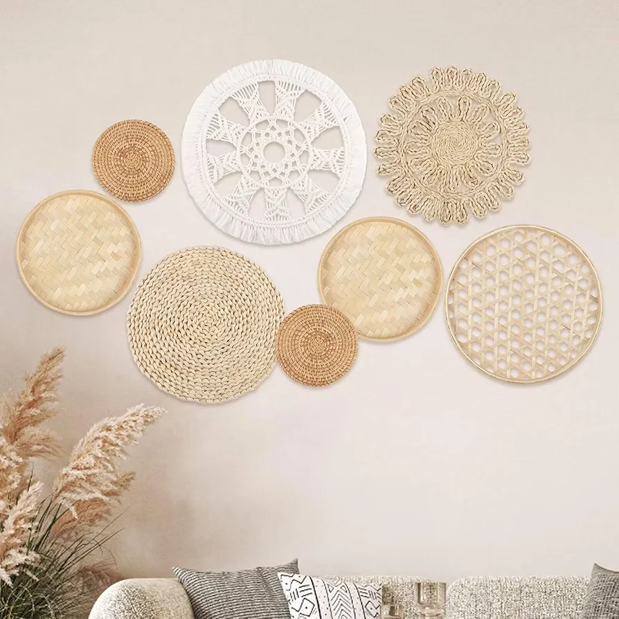 DETENE Set of 8 Boho Wall Decor Rattan Flower Wall Decor Flat Woven Basket Wall Hanging Decor Macrame Tassels Woven Wall Basket Decor Art for Living Rooms Farmhouse Nursery