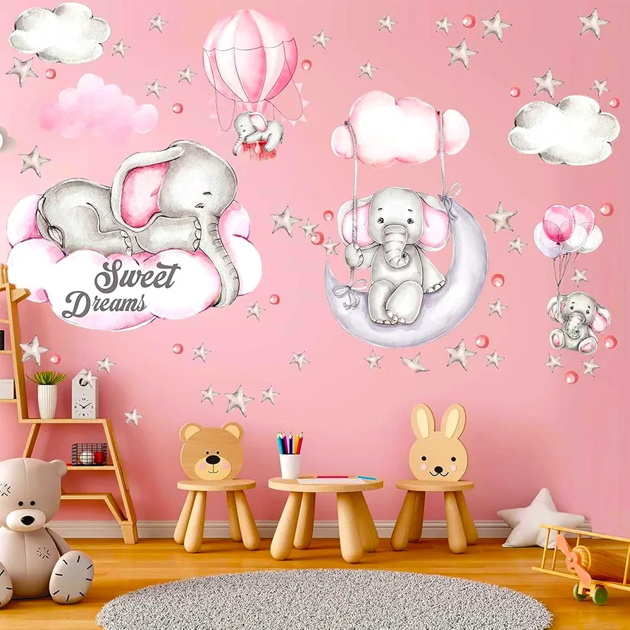 Pink Elephant Wall Stickers, Pink Moon Hot Air Balloon Grey Stars Wall Decals for Nursery Kids Room Living Room Bedroom Decorations Home Decor