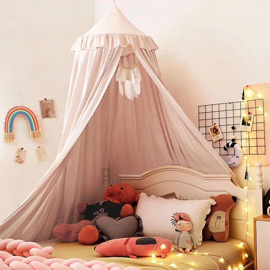 Kertnic Decor Canopy for Kids Bed, Soft Smooth Playing Tent Canopy Girls Room Decoration Princess Castle, Dreamy Mosquito Net Bedding, Children Reading Nook Canopies in Home (Pink-Ruffle)