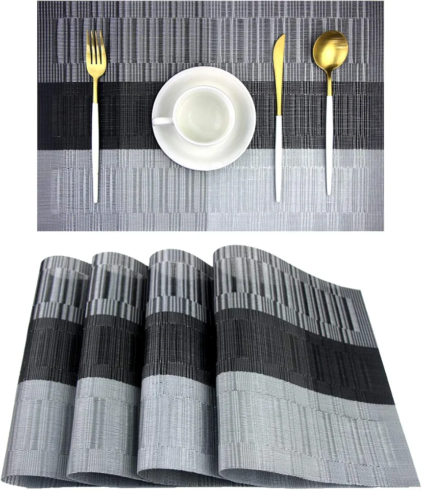 PIGCHCY Placemats,Washable Vinyl Woven Table Mats,Elegant Durable Placemats for Dining Table Set of 4 (Black)