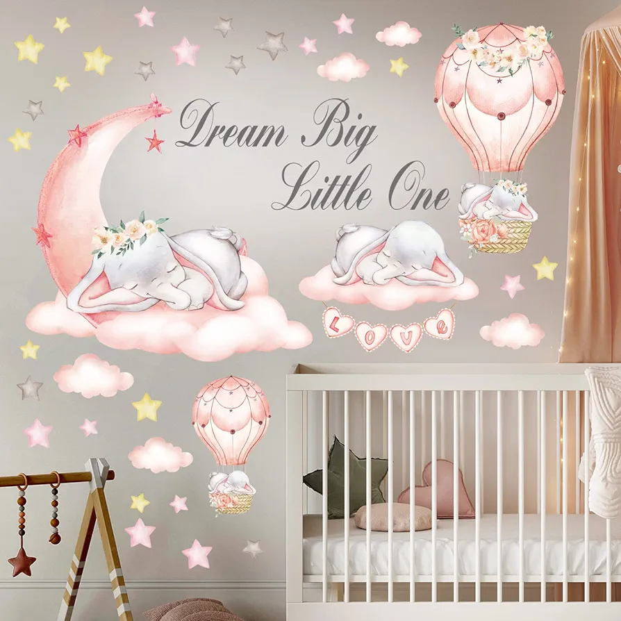 DECOWALL SG-2203 Dream Big Little One Wall Stickers Elephant Quote Moon Stars Decal for Kids Baby Bedroom Nursery Living Room Art Home Decor Decoration Removable baby girl pink