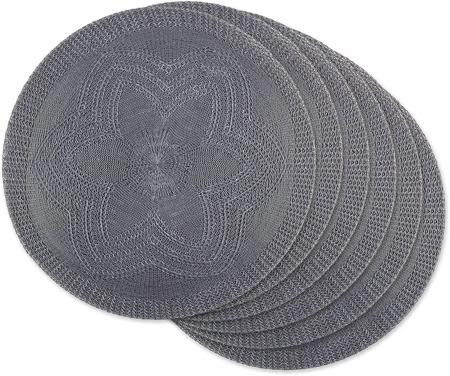 DII Woven Collection Round Braided Floral Placemat Set, 15", Gray, 6 Piece