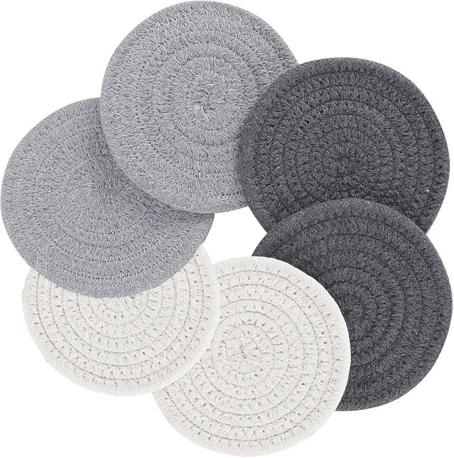 Accmor Braided Coasters for Drinks 6 Packs, Round Handmade Fabric Woven Desk Coasters, Absorbent Cotton Cup Coasters Heat-Resistant Hot Pads Mats for Table Protection Insulation.