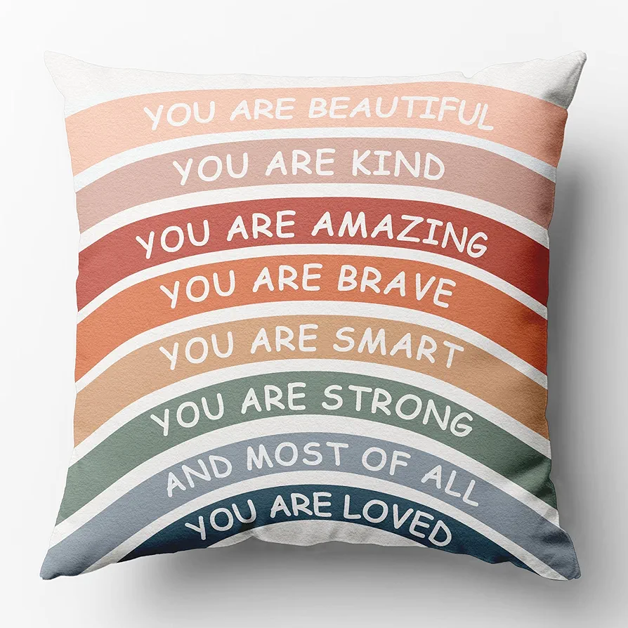 You are Beautiful Kind Amazing Brave Smart Strong and most of all you are loved Inspirational Quote Rainbow Throw Pillow Covers 18x18 Inch，Home Bedroom Living Room Decor，Boho Lovers Girls Kids Gifts