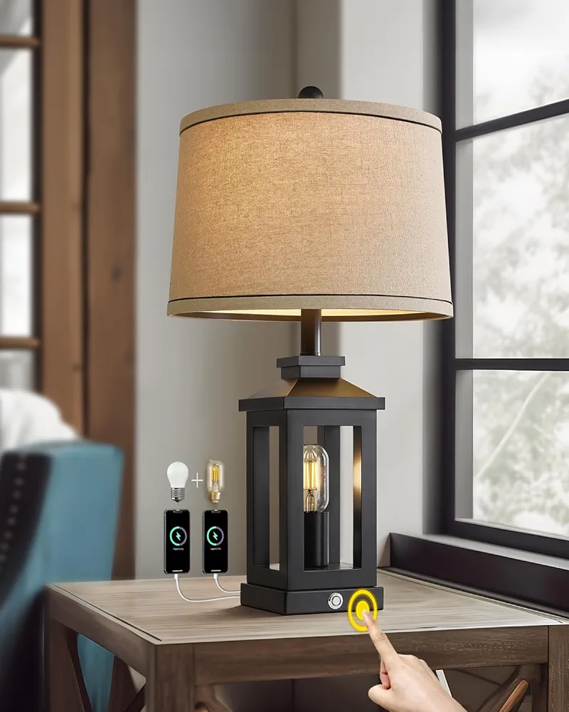 23.75" Retro Farmhouse Black Table Lamp for Living Room Bedroom Nightstand Single Pack Touch Control Bedside Nightlight Vintage Modern Lamp with USB C+A Ports and 2 Light Sources