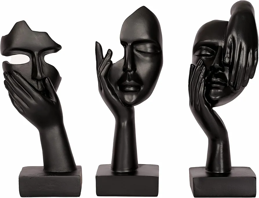 3 Piece Thinker Statue Black Home Decor Abstract Face Sculpture Resin Thinker Figurines for Desktop Office Desk Living Room Table Collection Figurine Decoration Bookshelf Decorative Objects