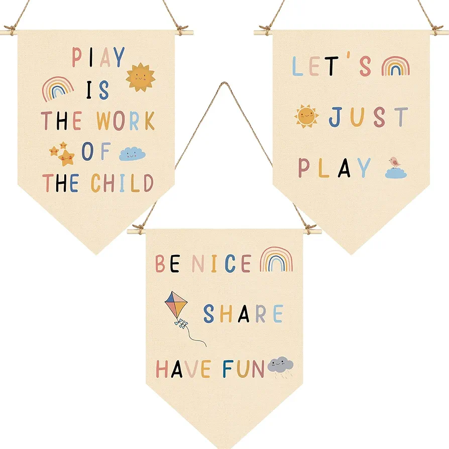 3 Pcs Canvas Hanging Flag Banner Play Is the Work of the Child Wall Sign Decor Let's Just Play Wall Banner Rainbow Pin Banner Nursery Teen Room Wall Display Banner Boho Nursery Decor for Kids Girl Boy