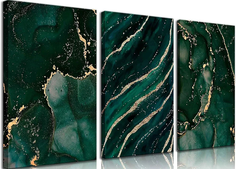 3Pcs Green and Gold Abstract Marble Wall Art Gold Foil Poster Emerald Green Dark Green Canvas Wall Art Modern Abstract neutral for Living Room Pictures for Bedroom Office Dining Room Wall Decoration