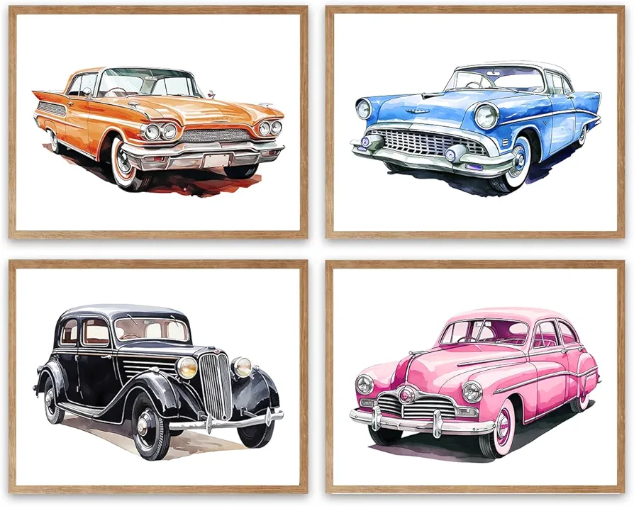 LNLAGBO Watercolor Classic Car Art Prints,Retro Old Cars Canvas Wall Art,Vintage Classic Car Poster for Boys Room Nursery Teens Bedroom Playroom Decor Set of 4(8”X10”Unframed)