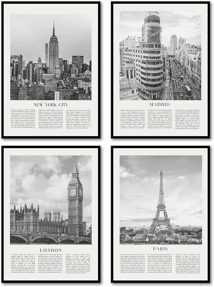 HK Studio Travel Vintage Posters - City Black and White Posters for Room Decor Aesthetic 12" x 16" Pack 4