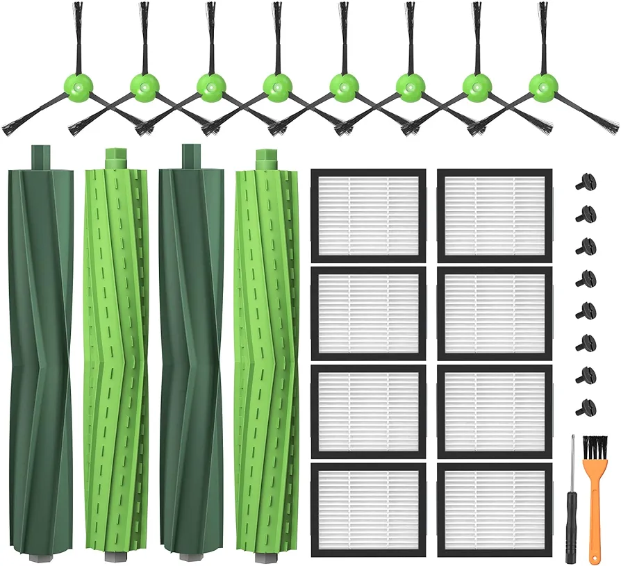 Replacement Parts for i'Robot Roomba i3 i7 E5 j7 i4 i7+ i3+ i4+ i6 i6+ i8 i8+ E6 E7, E & I & j Series Vacuum Cleaner, 2 Set Rubber Brushes & 8 HEPA Filters and 8 Side Brushes (NOT for Combo J7+)