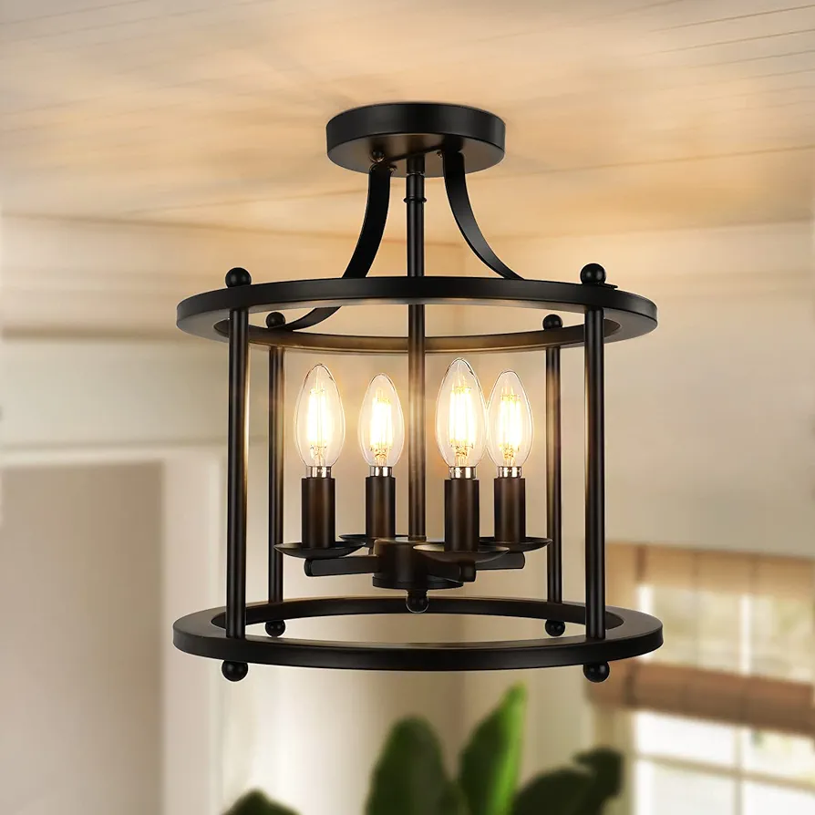 Farmhouse Semi Flush Mount Ceiling Light Fixture, 4-Light Industrial Ceiling Light Matte Black w/ E12 Base Metal Rustic Vintage Chandelier Lighting for Kitchen Dining Room Hallway Entryway Bedroom