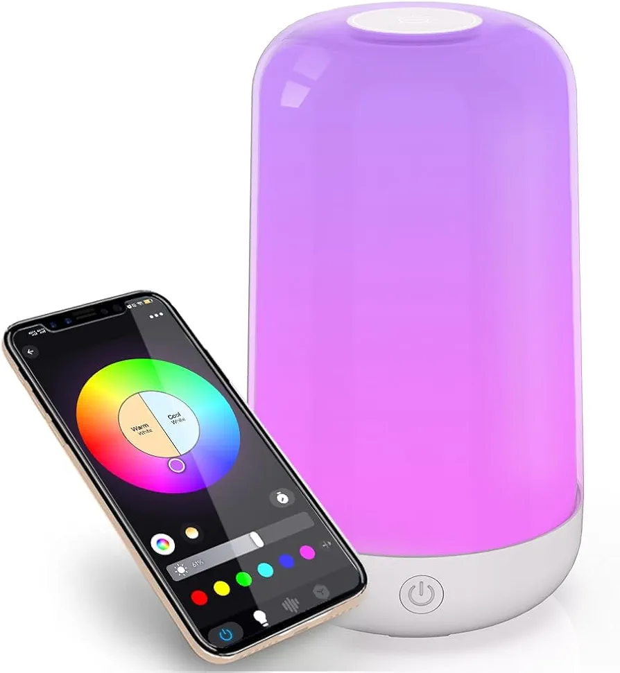 Smart Touch Table Lamp Works with App, Dimmable Small RGB Bedside Bed Lamp for Bedroom, Cordless LED Night Desk Lamp Rechargeable Color Changing Nightstand Mood Cozy Lamp for Living Room Baby Nursery.