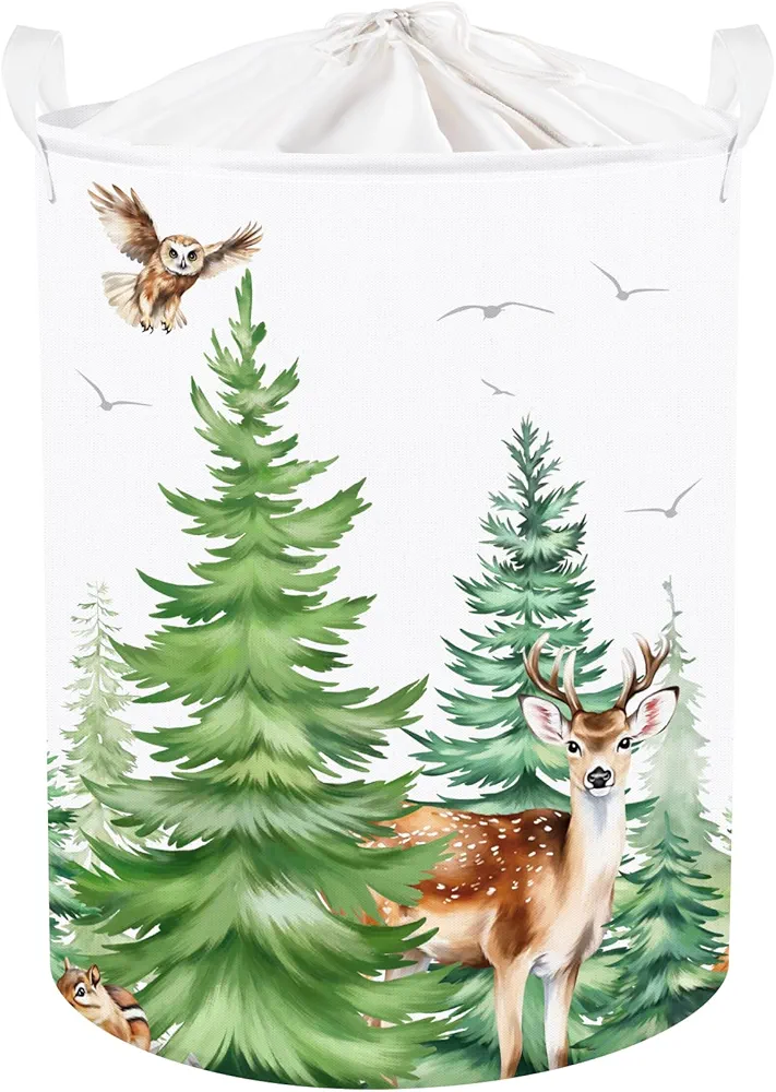 Clastyle 45L Large Green Pine Tree Deer Owl Kid Laundry Hamper with Handle Collapsible Forest Hedgehog Raccoon Clothes Toy Storage Basket with Lid for Nursery