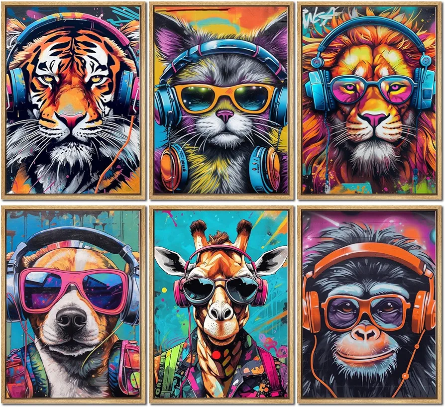 6pcs Colorful Graffiti Animals Canvas Wall Art Gamer Earphone Animal Poster Lion Tiger Cat Dog Orangutan Giraffe Funky Paintings Pictures Pop Art Wall Decor for Teen Boys Children Game Room Unframed8x10in